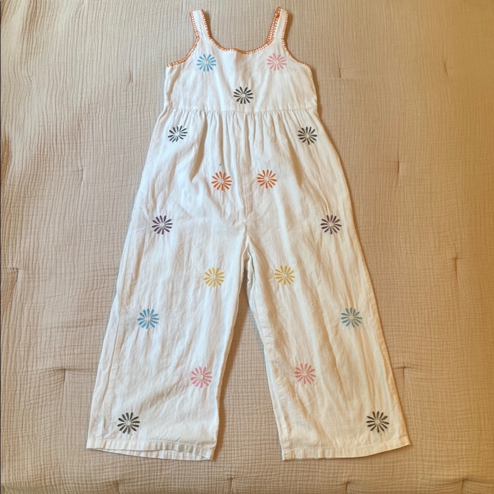 Zara Girls White Jumpsuit/Romper with Multicolor Floral Embroidery